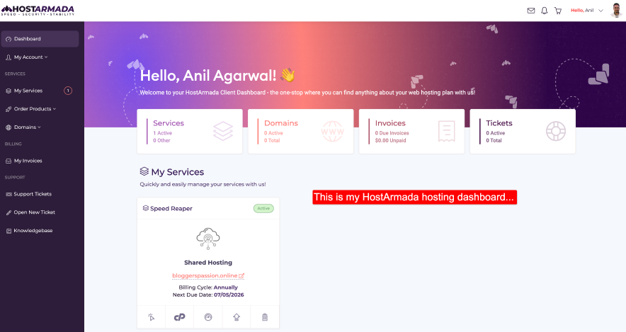 this is my hostarmada hosting dashboard